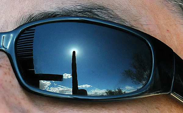 Arizona Sonora Desert Museum reflection of Sun and saguaro cactus in sunglasses