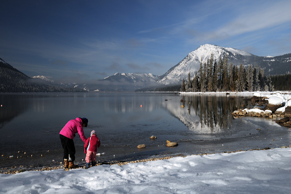 Lake Wenatchee State Park view of Dirtyface Peak from snow covered shoreline