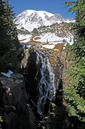 Myrtle Falls log bridge Mt Rainier National Park