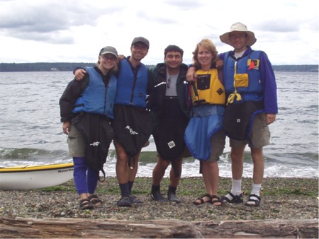 Emily, Tim, Josh, Karen, and Scott on shore at Anderson Island Washington Water Trails Associatino WWTA campsite, Puget Sound, Washington