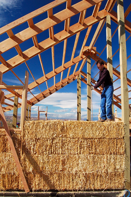 Strawbale Construction Workshop Of Ellensburge Barn, Hammering In Bamboo Spikes