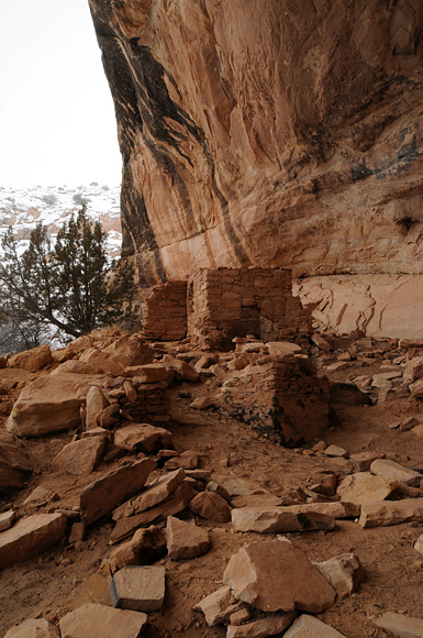 South Butler Wash Side Canyon Ancestral Puebloan Anasazi Ruins With Buildings Rocks And Canyon Wall