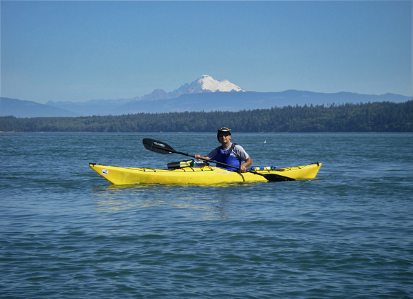 Deception Pass Josh In Kayak With Mt Baker behind