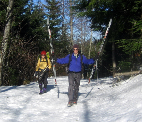 Karen And Scott Hiking In On Trails Before Cross Country Skiing To MTTA Copper Creek Hut By Mt Rainier