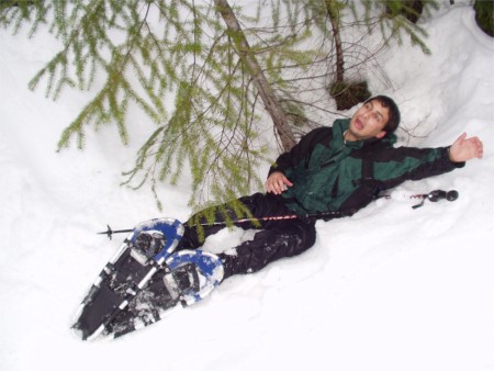 Josh On His Butt In The Snow, Snowshoeing On Keechelus Ridge