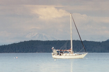 Miracle Girl Anchored Mail Bay, Waldron Island In San Juan Islands, View Mt Baker