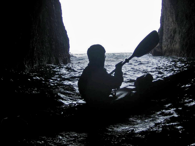 Pacific Ocean Sea Cave South Of Cape Flattery On Olympic Peninsula, Scott In Sea kayak