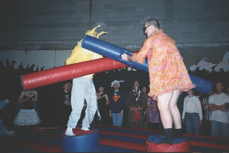 Banana Slug Man Versus FooFoo Girly Man At Seattle Cirque De Flambe Superheroes Party