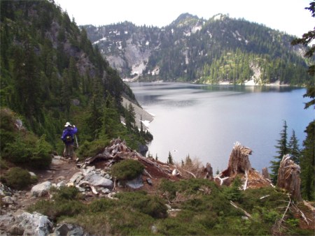 Karen Approaching Snow Lake From The Pass Above