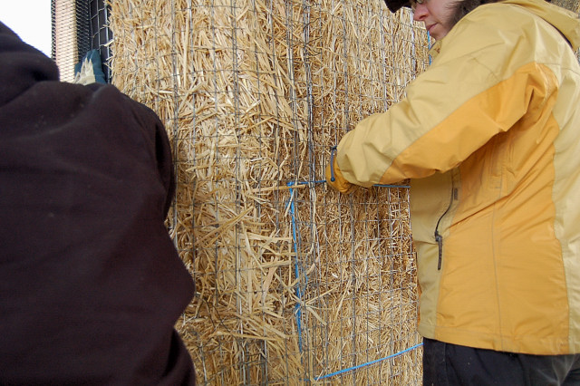 Ellensburg Straw Bale Construction Plastering Workshop Barn Raising, Tightening Metal Lath With Wire