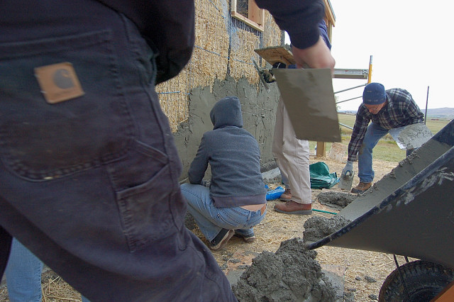 Ellensburg Straw Bale Construction Plastering Workshop Barn Raising, Workers Applying Plaster To West Wall