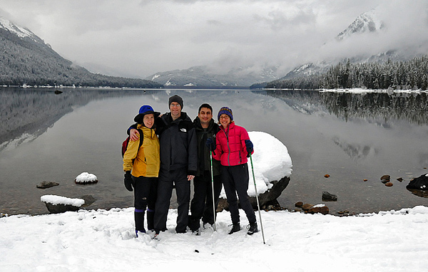 Karen, Scott, Josh, and Andrea at Lake Wenatchee State Park cross-country skiing snowy shore