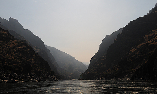 Hells Canyon National Recreation Area Snake River cliffs and forest fire haze