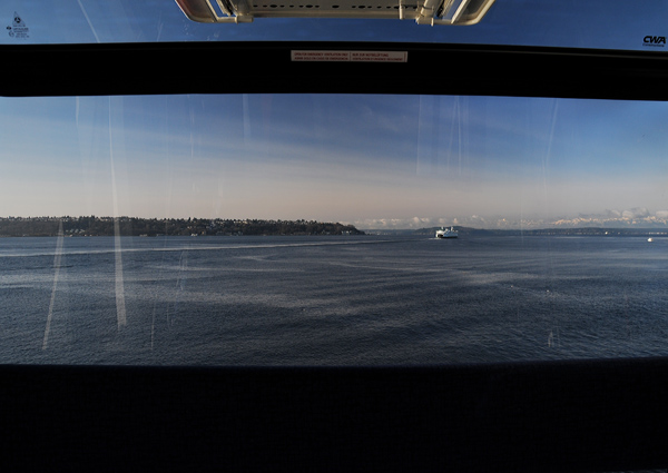 Seattle Great Wheel ferris wheel view of Elliott Bay Puget Sound Olympic Mountains ferry