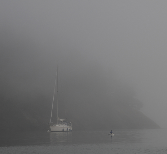 Sailboat fog James Island State Park cove San Juan Islands