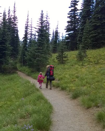 Backpackers on Sunrise area trail in Mt Rainier National Park