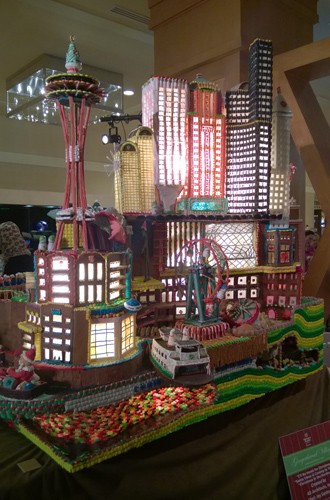 Downtown Seattle skyline at Annual Gingerbread Village gingerbread house contest at Sheraton Seattle