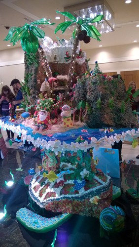 Tropical island on turtle at Annual Gingerbread Village gingerbread house contest at Sheraton Seattle