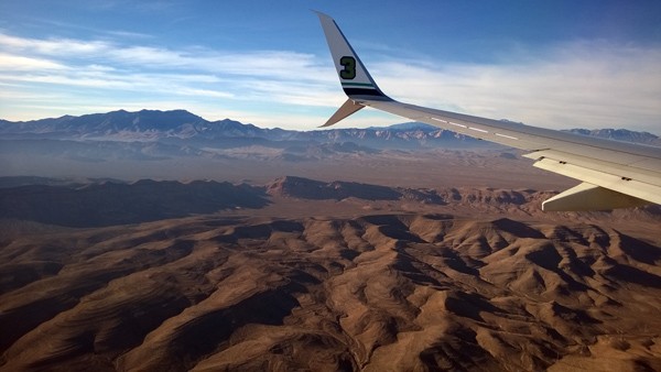 Flying airplane to Las Vegas above Spring Mountains