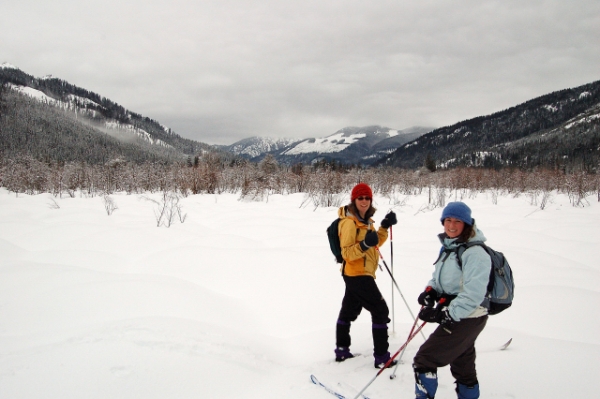 Karen And Aliza Skiing Off Trail At Cabin Creek Trail Near Hyak