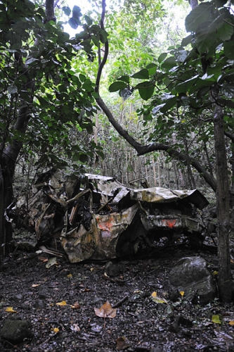 Hawaii Waipio Valley Wrecked Truck Car At Bottom Of Road's Cliff