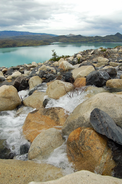 River Cascading Over Rocks Down To Lago Nordenskjold, Parque Nacional Torres Del Paine / National Park, Chile