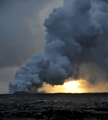 Steam Arising Where The Lava From Puu Oo Crater Flows Into Pacific Ocean