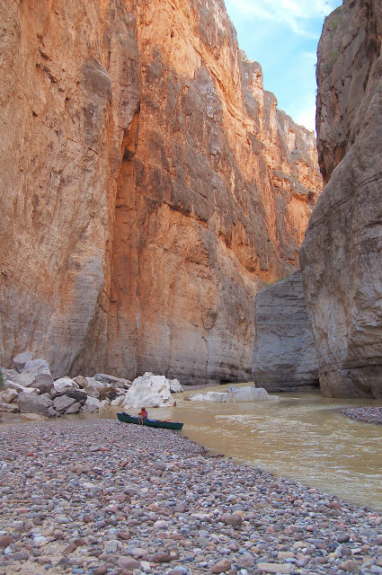 Canoe At Entrance To Rockslide Rapids In Santa Elena Canyon On Rio Grande Between Big Bend National Park Texas And Mexico