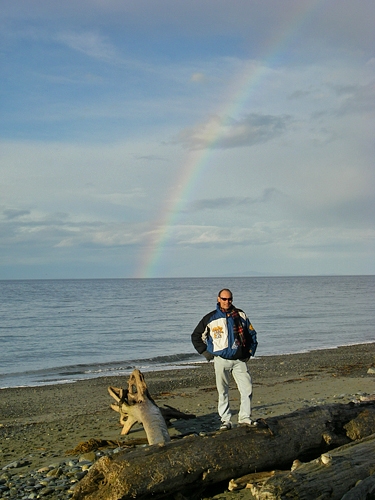 Dungeness National Wildlife Refuge With Michael On Beach And Rainbow Over Strait Of Juan De Fuca