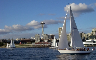 Elliott Bay Marina Seattle Thursday Night Sailboat Race In Front Of Space Needle