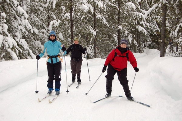 Anita, Andrea, And Kristine Cross-Country Skiing In Forest Part Of That Dam Loop Trail