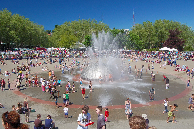 Seattle Center International Fountain Crowds At Northwest Seattle Folklife Festival
