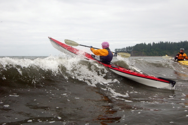 Karen Paddling Out Through Pacific Ocean Waves Off Hobuck Beach, Olympic Peninsula, Makah Indian Reservation