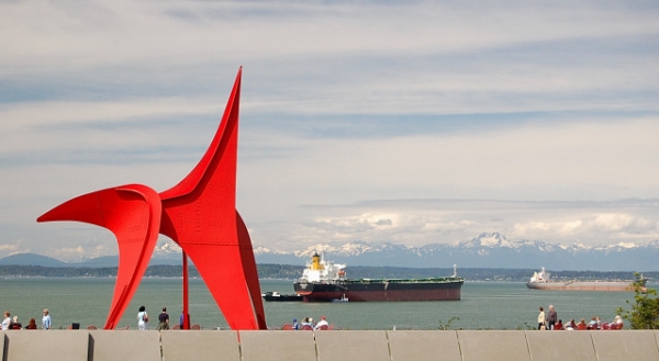 Eagle By Alexander Calder At Olympic Sculpture Park Seattle Art Museum, With Elliott Bay, Ships, And Olympic Mountains In Background