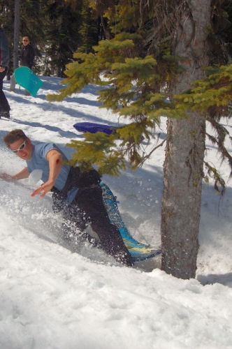 Chris Sledding Into Tree At Scottish Lakes High Camp