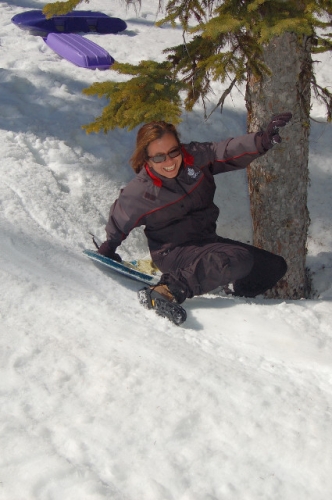 Jenny Sledding To Tree At Scottish Lakes High Camp