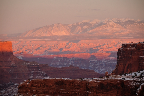 Shafer Trail Overlook To La Sal Mountains At Sunset In Canyonlands National Park