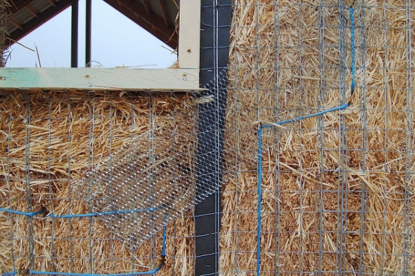 Ellensburg Straw Bale Construction Plastering Workshop Barn Raising, Sewing Metal Lath Into Place