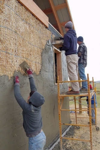 Ellensburg Straw Bale Construction Plastering Workshop Barn Raising, Plastering Up Higher On The West Wall