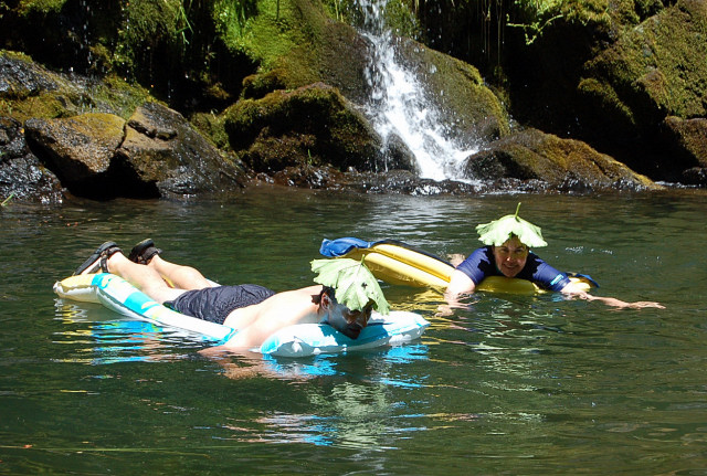 Calaveras County California Wearing Leaf Hats In Pool At Bottom Of Waterfall