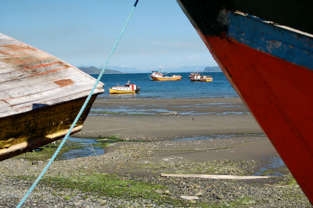 Low Tide Stranded Boats On The Beach Of Quemchi, Isla Chiloe, Chile