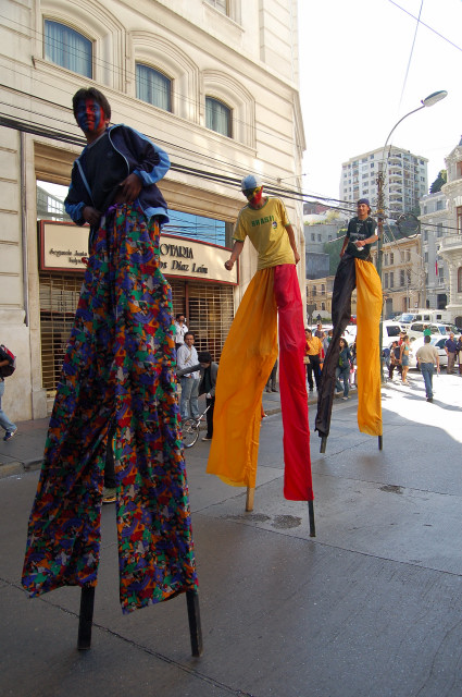Political Demonstration And Celebration Stilt Walkers In Downtown Valparaiso, Chile