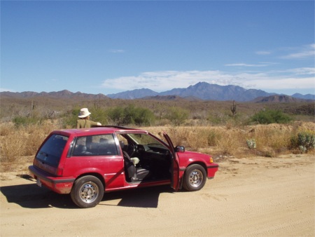 Karen By Car Looking At Sierra De La Laguna Mountains, California Baja Sur, Mexico