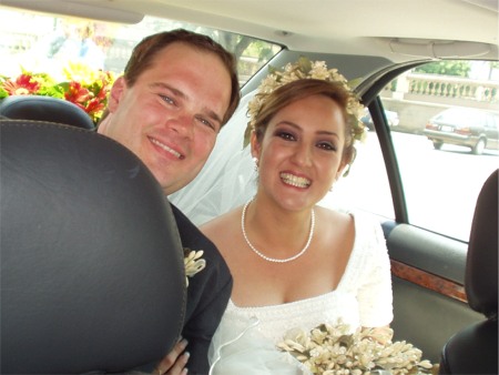 Newly Married Jim And Monica In The getaway Car,  Leaving The Church And Going To The Reception, Guadalajara, Mexico