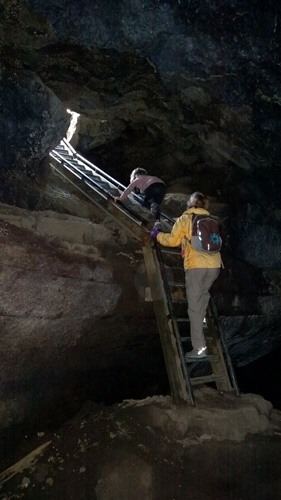 Mt St Helens National Volcanic Monument park Ape Cave exiting up ladder