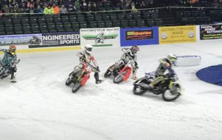 Ice Racing Championship Series 4 motorycles sliding in corner at Everett Xfinity Arena
