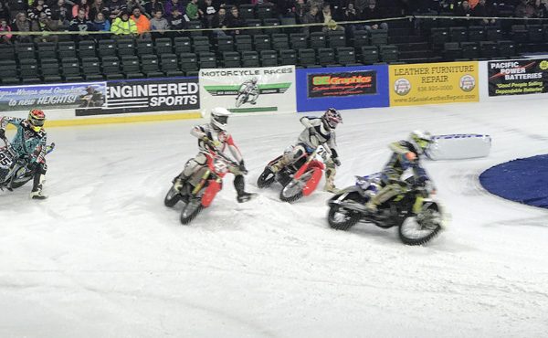 Ice Racing Championship Series 4 motorycles sliding in corner at Everett Xfinity Arena