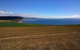 Ebey's Prairie Trail view to Ebey's Landing State Park, farm land, and Puget Sound