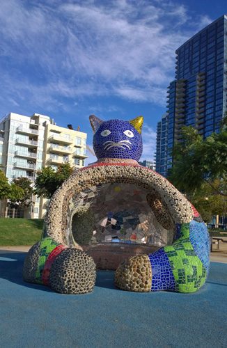 Cat by Niki de Saint Phalle sculpture bench in San Diego