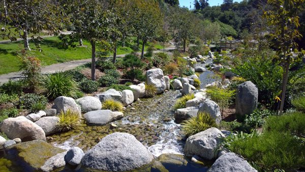 Japanese Friendship Garden San Kei En stream bridge walking paths in Balboa Park San Diego